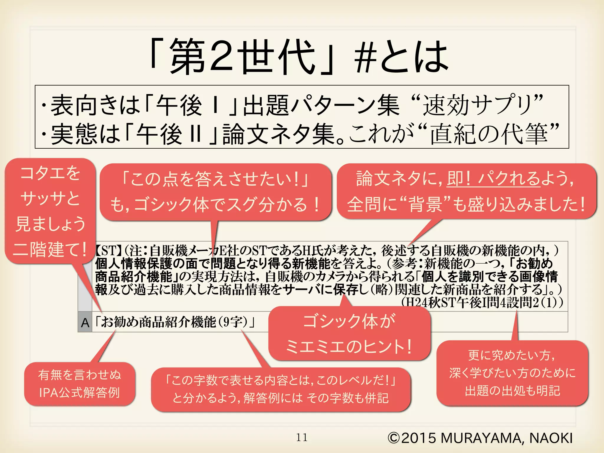 11 ©2015 MURAYAMA, NAOKI
Ｑ 【ST】（注：自販機メーカE社のSTであるH氏が考えた，後述する自販機の新機能の内，）
個人情報保護の面で問題となり得る新機能を答えよ。（参考：新機能の一つ，「お勧め
商品紹介機能」の実現方法は，自販機のカメラから得られる「個人を識別できる画像情
報及び過去に購入した商品情報をサーバに保存し（略）関連した新商品を紹介する」。）
（H24秋ST午後I問4設問2（1））
Ａ 「お勧め商品紹介機能（9字）」
「第２世代」 #とは
有無を言わせぬ
IPA公式解答例
「この字数で表せる内容とは，このレベルだ！」
と分かるよう，解答例には その字数も併記
更に究めたい方，
深く学びたい方のために
出題の出処も明記
コタエを
サッサと
見ましょう
二階建て！
論文ネタに，即！ パクれるよう，
全問に“背景”も盛り込みました！
「この点を答えさせたい！」
も，ゴシック体でスグ分かる ！
・表向きは「午後Ⅰ」出題パターン集 “速効サプリ”
・実態は「午後Ⅱ」論文ネタ集。これが“直紀の代筆”
ゴシック体が
ミエミエのヒント！
 