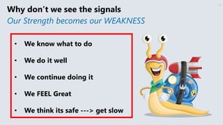 Why don’t we see the signals
16
• We know what to do
• We do it well
• We continue doing it
• We FEEL Great
• We think its safe ---> get slow
Our Strength becomes our WEAKNESS
 