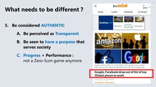 39
What needs to be different ?
5. Be considered AUTHENTIC
A. Be perceived as Transparent
B. Be seen to have a purpose that
serves society
C. Progress + Performance :
not a Zero-Sum game anymore
 