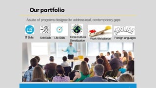 Our portfolio
Asuite of programs designed to address real, contemporary gaps
SoftSkills Life Skills
ITSkills Foreign languages
Work-life balance
CrossCultural
Sensitization
 