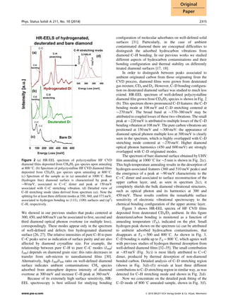 We showed in our previous studies that peaks centered at
300, 450, and 600 meV can be associated to ﬁrst, second and
third diamond optical phonon overtone (or multiple loss),
correspondingly. These modes appear only in the spectrum
of well-deﬁned and defects free hydrogenated diamond
surface [26, 27]. The relative intensities of pure C–H to pure
C–C peaks serve as indication of surface purity and are also
affected by diamond crystalline size. For example, the
relationship between pure C–H to pure C–C modes (I360/
I300) depends on diamond grain size: this ratio decreases in
transfer from sub-micron to nanodiamond ﬁlms [30].
Alternatively, high I360/I300 ratio on well-deﬁned diamond
surface indicates ambient contaminations: CHx species
adsorbed from atmosphere depress intensity of diamond
overtone at 300 meV and increase C–H peak at 360 meV.
Because of its extremely high surface sensitivity, HR-
EEL spectroscopy is best utilized for studying bonding
conﬁguration of molecular adsorbates on well-deﬁned solid
surfaces [31]. Particularly, in the case of ambient
contaminated diamond there are conceptual difﬁculties to
distinguish the adsorbed hydrocarbon vibrations from
diamond C–H bonding. In our previous works we studied
different aspects of hydrocarbon contaminations and their
bonding conﬁguration and thermal stability on differently
treated diamond surfaces [17, 18].
In order to distinguish between peaks associated to
ambient originated carbon from those originating from the
CVD process, diamond ﬁlms were grown from deuterated
gas mixture, CD4 and D2. However, C–D bonding conﬁgura-
tion on deuterated diamond surface was studied to much less
extend. HR-EEL spectrum of well-deﬁned polycrystalline
diamond ﬁlm grown from CD4/D2 species is shown in Fig. 2
(b). This spectrum shows pronounced C–D features: the C–D
bending mode at 108meV and C–D stretching centered at
$270 meV. The broad band at $370–380 meV may be
attributed to coupled losses of these two vibrations. The small
peak at $220 meV is attributed to multiple losses of the C–D
bending vibration at 108 meV. The pure carbon vibrations are
positioned at 150 meV and $300 meV: the appearance of
diamond optical phonon multiple loss at 300meV is clearly
seen in the spectrum, which is highly overlapped with C–D
stretching mode centered at $270 meV. Higher diamond
optical phonon harmonics (450 and 600 meV) are strongly
overlapped with C–D originated modes.
The spectrum of bare diamond surface obtained by UHV
ﬁlm annealing at 1000 8C for $5 min is shown in Fig. 2(c).
This high-temperature annealing results in the desorption of
hydrogen-associated features (360 and 510 meV peaks) and
the emergence of a peak at $90 meV characteristic to the
CÀÀÀÀC dimer and associated to surface reconstruction of the
upper carbon layer, and, as seen in spectrum 2(c), it
completely shields the bulk diamond vibrational structures,
such as optical photon and its harmonics at 300 and
450 meV. These results conﬁrm the remarkable surface
sensitivity of electronic vibrational spectroscopy to the
chemical bonding conﬁguration of the upper atomic layer.
Figure 3 shows HR-EEL spectra of HF CVD ﬁlms
deposited from deuterated CD4/D2 ambient. In this ﬁgure
deuterium/carbon bonding is monitored as a function of
annealing temperature (TA), indicated on the plot. Small
hydrogen peak shown on the spectrum (a) can be attributed
to ambient adsorbed hydrocarbon contaminations, that
disappears at TA ¼ 500 and 800 8C. As shown in Fig. 3,
C–D bonding is stable up to TA ¼ 800 8C, which agrees well
with previous studies of hydrogen thermal desorption from
well-deﬁned diamond ﬁlms [32–35]. The small contribution
at $85 meV (Fig. 3(c)) is most likely attributed to CÀÀÀÀC
dimer, produced by thermal desorption of non-diamond
bonded carbon. Detailed analysis of C–D stretching region
(shown in Fig. 3(d)–(f)) reveals at least three different
contributions to C–D stretching region in similar way, as was
detected for C–H stretching mode and shown in Fig. 2(d).
Now we concentrate on the detailed peak ﬁtting of the
C–D mode of 800 8C annealed sample, shown in Fig. 3(f).
Figure 2 (a) HR-EEL spectrum of polycrystalline HF CVD
diamond ﬁlms deposited from CH4/H2 gas species upon annealing
at 800 8C. (b) Spectrum of polycrystalline HF CVD diamond ﬁlms
deposited from CD4/D2 gas species upon annealing at 800 8C.
(c) Spectrum of the sample as in (a) annealed at 1000 8C. Bare
(hydrogen free) diamond surface is characterized by peak at
$90 meV, associated to CÀÀÀÀC dimer and peak at 150 meV
associated with C–C stretching vibration. (d) Detailed view of
C–H stretching mode (data derived from spectrum (a)). Note the
splitting for at least three different modes at 350, 360, and 373 meV,
associated to hydrogen bonding to (111), (100) surfaces and (sp2
)
C–H, respectively.
Phys. Status Solidi A 211, No. 10 (2014) 2315
www.pss-a.com ß 2014 WILEY-VCH Verlag GmbH & Co. KGaA, Weinheim
Original
Paper
 
