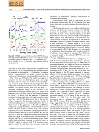 According to peak ﬁtting, three different contributions are
positioned at 259, 270, and 280 meV and most likely could
be associated to diamond (111), (100) and sp2
hybridized
carbon, correspondingly, in similar manner as their
“analogous” vibrations on hydrogenated diamond facets at
$350, $360, and 373 meV (Fig. 2(d)). Adsorption of
deuterium on bare and hydrogenated poly- and single
crystalline diamond surface was studied to some extend [36–
42]. However, to the best of our knowledge these three
components on deuterated diamond ﬁlms were not reported
hitherto. Our present results show that the three C–D
stretching components appear on the spectrum of as-
deposited polycrystalline diamond surface (i.e. grown from
deuterated gases, CD4/D2), while sp2
associated contribution
at 280 meV is absent from the spectrum of deuterium
terminated hydrogenated poly- and single-crystalline surfa-
ces (Figs. 4 and 5). This difference is due to the fact that
surface termination by activated deuterium results in
multiple bond opening of low hybridized carbon. This most
likely results in the appearance of the 259 and 270 meV
components only (sp3
hybridized carbon). Therefore, the sp2
related 280 meV feature is absent from such spectrum
suggesting that in situ deuteration (or hydrogenation) does
not result in C(sp2
)–D (or H) surface species. We will use
this data to analyze C–D bond formation upon molecular
deuterium expose of the hydrogenated diamond surface. In
addition, HR-EELS of well-deﬁned diamond surface should
exhibit diamond phonon overtone (or multiple losses) at
300 meV, highly overlapped with C–D stretching peak.
Spectra which do not have this overtone cannot be
considered as representing chemical conﬁguration of
diamond related bonding.
Figures 4 and 5 show a series of experiments, in which
as-deposited hydrogenated HF CVD diamond ﬁlm was
heated in situ and exposed to molecular deuterium during the
heating.
After heating, the sample was cooled down in deuterium
ambient, and following vacuum renewal, the HR-EEL
spectrum was recorded at room temperature (spectra 4(d),
5(a), 5(d)). In each case the thermal stability of adsorbed
deuterium was veriﬁed by subsequent UHV annealing up to
800 8C (spectra 4(e), 5(b) and (e)). This temperature was
chosen as high enough for desorption of all non-diamond
bonded H/D, while H/D bonded to diamond matrix is stable
at these conditions [43]. Spectra shown in Fig. 4(a)–(c)
display gradual thermal desorption of ambient contamina-
tion from hydrogenated diamond surface extensively studied
by us previously [11, 26, 27, 44]. Spectrum 4(c) corresponds
to well-deﬁned diamond surface, with contribution of sp2
hybridized carbon, detected in spectrum 4(m). Spectrum
of annealed sample in D2 ambient at 500 8C is shown in
Fig. 4(d), (i), and (n).
Clear contribution of C–D mode is distinguished as a
peak at 274 meV (spectrum 4(n)). According to previous
discussion this peak most likely belongs to C–D bonding on
diamond (100) facets. We suggest that molecular deuterium
terminates low hybridized carbon positioned on the as-
deposited diamond surface. Subsequent annealing in UHV
conditions at 800 8C (Fig. 4(e), (j), and (o)) reveals high
thermal stability of this 274 mode, although its intensity
relative to C–C overtone slightly decreases. These results
clearly suggest that annealing at TA ¼ 500 8C in molecular
D2 ambient leads to diamond surface termination by C–D
bonding, that is stable up to elevated temperatures.
Similar annealing procedure in D2 ambient at TA ¼ 800 8
C and TA ¼ 900 8C followed by UHV annealing at 800 8C is
shown in Fig. 5. Appearance of the C–D mode at 268 meV is
clearly distinguished in spectrum 5(k), although its relative
intensity to 300 meV overtone decreases for some extent
following UHV annealing at 800 8C (spectrum 5(l)). Peak
ﬁtting reveals 275 meV position of C–D stretching,
suggesting bonding to (100) facets. In the spectrum 5(n),
following TA ¼ 900 8C in D2, both (111) and (100)
components can be distinguished. UHV annealing at
TA ¼ 800 8C (spectrum 5(o)) does not affect the spectrum
shape, suggesting a diamond character of C–D bonding.
C–D adsorption can be explained by C–H abstraction/
adsorption dynamics, studied by Thoms et al. [39]. Abstrac-
tion/adsorption probability ratio of H onto hydrogenated
polycrystalline diamond surface was reported to equal 0.06
with activation barrier for abstraction $0.434 eV (10 kcal/
mol [39]). The ratio of abstraction to adsorption rates
determined in their experiments places the maximum surface
coverage at about 0.95 monolayers, that is, about 5% open
sites after a saturation hydrogen atom exposure. Obviously,
heating the substrate increases the fraction of desorbed
hydrogen atoms, creating more sp/sp2
carbon states and thus
Figure 3 HR-EEL spectrum of polycrystalline HF CVD diamond
ﬁlms deposited from CD4/D2 gas species: (a) as-deposited sample
recorded as-loaded, (b) annealed at 500 8C, (c) annealed at 800 8C.
(d)–(f) Detailed view of C–D bending mode (data derived from
spectra (a)–(c)).
2316 S. Michaelson et al.: Dissociative adsorption of molecular deuterium on polycrystalline diamond films
ß 2014 WILEY-VCH Verlag GmbH & Co. KGaA, Weinheim www.pss-a.com
physica
ssp
status
solidi
a
 