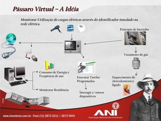 Pássaro Virtual – A Idéia
   Monitorar Utilização de cargas elétricas através do identificador instalado na
   rede elétrica.
                                                                     Princípio de Incêndio




                                                                       Vazamento de gás




               Consumo de Energia e
               Freqüência de uso        Executar Tarefas        Esquecimento de
                                        Programadas             eletrodoméstico
                                                                ligado
               Monitorar Residência
                                          Interagir c/ outros
                                          dispositivos
 