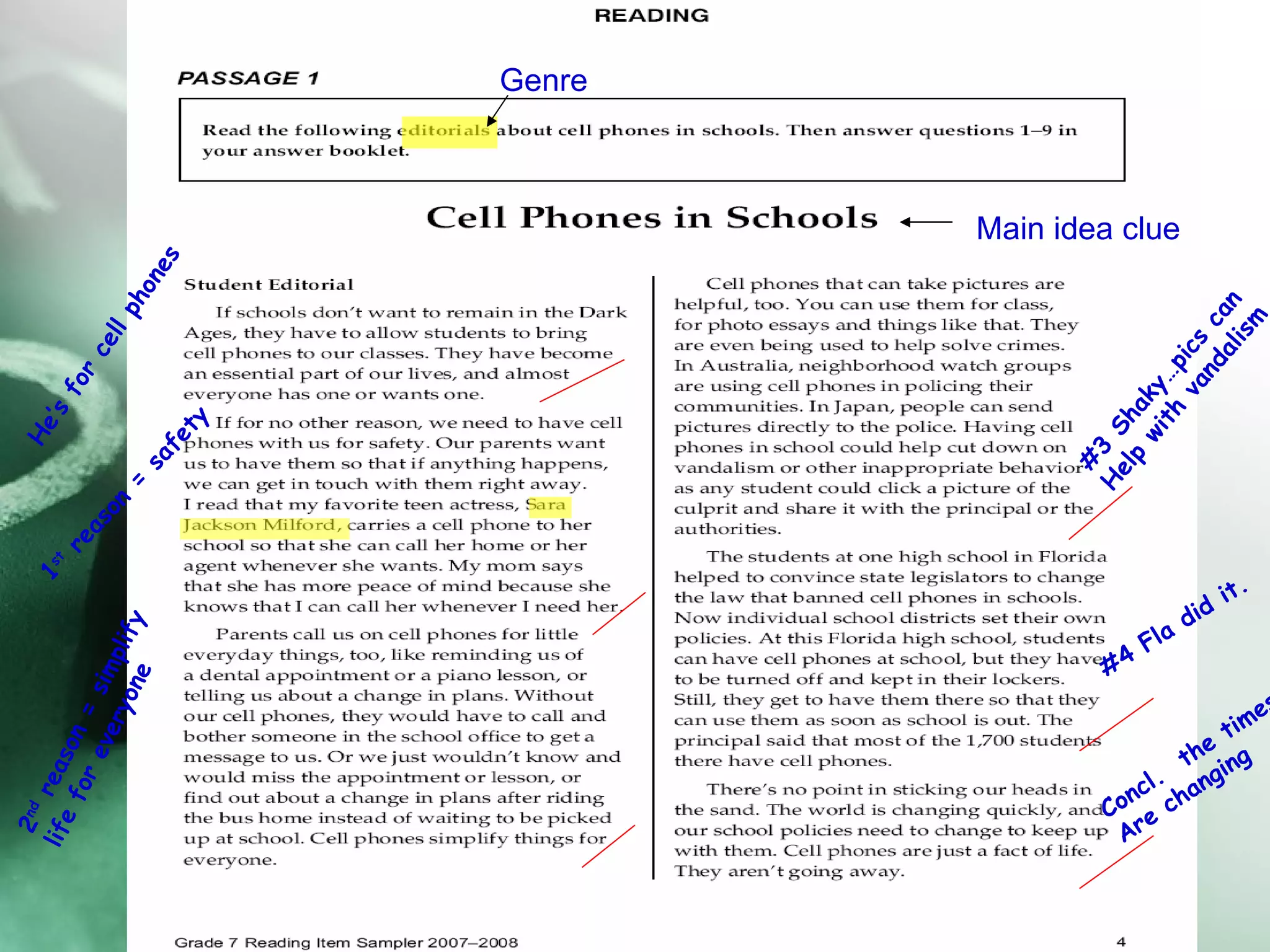 Main idea clue Genre He’s for cell phones 1 st  reason = safety 2 nd  reason = simplify  life for everyone #3 Shaky…pics can  Help with vandalism #4 Fla did it. Concl.  the times Are changing 