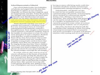 Against cells Reason #1= fisrupt class & kids  forget to turn off #2 Shaky-May cause danger #3 Cheating Conc= No for safety  and learning env. 