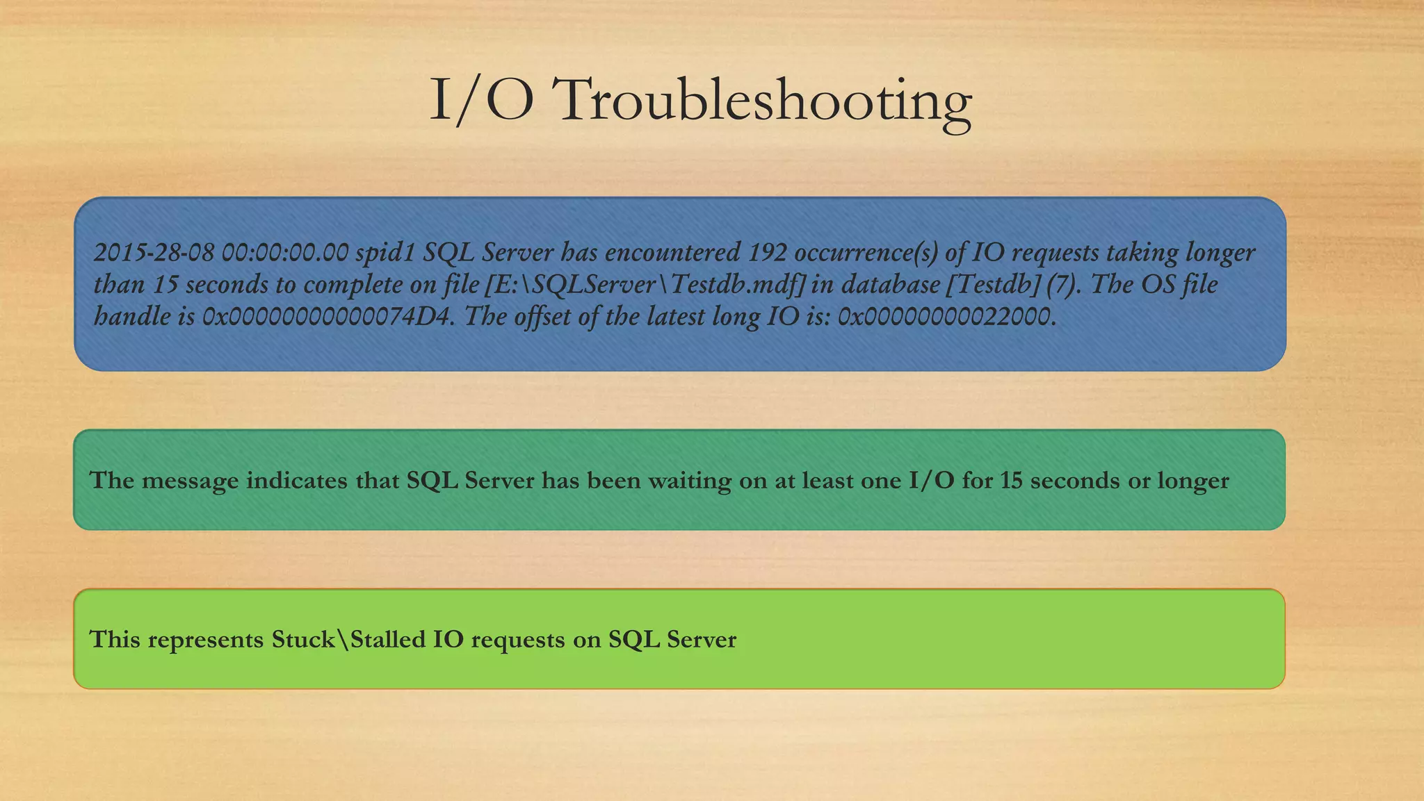 I/O Troubleshooting
2015-28-08 00:00:00.00 spid1 SQL Server has encountered 192 occurrence(s) of IO requests taking longer
than 15 seconds to complete on file [E:SQLServerTestdb.mdf] in database [Testdb] (7). The OS file
handle is 0x00000000000074D4. The offset of the latest long IO is: 0x00000000022000.
The message indicates that SQL Server has been waiting on at least one I/O for 15 seconds or longer
This represents StuckStalled IO requests on SQL Server
 