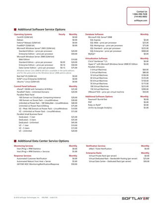 Contact Us
                                                                                                                                     1-866-398-7638
                                                                                                                                       214-442-0602
                                                                                                                                       softlayer.com



     Additional Software Service Options
Operating Systems                                            Hourly   Monthly    Database Software                                            Monthly
   CentOS (32/64 bit)                                                  $0.00       Microsoft SQL Server® 2008
   Debian                                                              $0.00        SQL Express                                                  $0.00
   Fedora® Release (32/64 bit)                                         $0.00        SQL Web – price per processor                               $25.00
   FreeBSD® (32/64 bit)                                                $0.00        SQL Workgroup – price per processor                         $75.00
   Microsoft Windows Server® 2003 (32/64 bit)                                       SQL Standard – price per processor                         $225.00
     Standard Edition – price per processor                           $20.00        SQL Enterprise – price per processor                       $900.00
     Enterprise Edition – price per processor                         $50.00       MySQL®                                                        $0.00
   Microsoft Windows Server 2008 (32/64 bit)
     Web Edition                                                      $10.00     Virtualization Software                                      Monthly
     Standard Edition – price per processor              $0.05        $20.00       Citrix® XenServer™ 5.5                                        $0.00
     Enterprise Edition – price per processor            $0.10        $50.00       Hyper-V™ with Microsoft Windows Server 2008 DC Edition        $0.00
     Data Center Edition – price per processor           $0.15        $75.00       Parallels Virtuozzo
   Windows Server Core 2008 R2 (64 bit) is available in the same editions            3 Virtual Machines                                         $60.00
   and for the same price as the Windows Server 2008 options above.                  5 Virtual Machines                                         $80.00
   Red Hat® ES (32/64 bit)                                               $0.00       10 Virtual Machines                                       $100.00
   SUSE® Linux Enterprise (32/64 bit)                                    $0.00       30 Virtual Machines                                       $125.00
   Ubuntu™ Linux (32/64 bit)                                             $0.00       50 Virtual Machines                                       $150.00
                                                                                     70 Virtual Machines                                       $175.00
Control Panel Software                                                Monthly        100 Virtual Machines                                      $225.00
   cPanel® / WHM with Fantastico & RVSkin                               $25.00       150 Virtual Machines                                      $300.00
   Parallels® Helm – Unlimited Domains                                  $20.00     VMware® ESX – price per virtual machine                      $50.00
   Parallels Plesk Panel
     100 Domain w/ CloudLayer Computing Instance                        $20.00   Additional Software Options                                  Monthly
     100 Domain w/ Power Pack – Linux/Windows                           $30.00     Passmark® BurnInTest                                          $0.00
     Unlimited w/ Power Pack – 100 Sitebuilder – Linux/Windows          $40.00     PHP                                                           $0.00
     Unlimited w/ Power Pack & Billing                                  $75.00     Ruby on Rails®                                                $0.00
     VZ – Plesk 100 Domain w/ Power Pack – Linux/Windows                $10.00     Urchin by Google Analytics                                    $5.00
     VZ – Unlimited w/ Power Pack – Linux/Windows                       $15.00
   Parallels Small Business Panel
     Dedicated – 1 User                                                 $25.00
     Dedicated – 5 Users                                                $35.00
     Dedicated – Unlimited                                              $45.00
     VZ – 1 User                                                        $10.00
     VZ – 5 Users                                                       $15.00
     VZ – Unlimited                                                     $20.00




     Additional Data Center Service Options
Monitoring Services                                                   Monthly    Notification Services                                        Monthly
   Host (Ping) + IPMI Statistics                                         $0.00      eMail / Ticket Notification                                  $0.00
   Host (Ping) + IPMI Statistics + Services                              $5.00
                                                                                 Enterprise Racks                                             Monthly
Response Services                                                     Monthly       Virtual Private Rack (per server)                            $0.00
   Automated Customer Notification                                      $0.00       Virtual Dedicated Rack – Bandwidth Pooling (per server)     $25.00
   Automated Reboot from Host + Server                                  $5.00       Virtual Data Center – Dedicated Rack (per server)           $50.00
   24/7/365 NOC Monitoring/Notification/Response                       $50.00




© 2010 SoftLayer Technologies, Inc.   10SLT004   rev021210
 