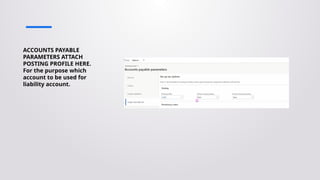 ACCOUNTS PAYABLE
PARAMETERS ATTACH
POSTING PROFILE HERE.
For the purpose which
account to be used for
liability account.
 