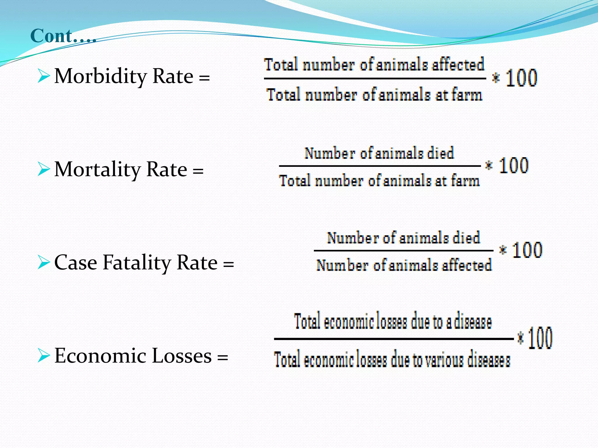 Cont….

 Morbidity Rate =



 Mortality Rate =



 Case Fatality Rate =



 Economic Losses =
 