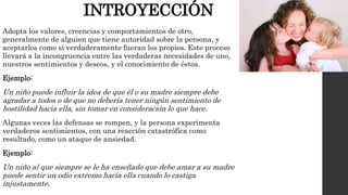 INTROYECCIÓN 
Adopta los valores, creencias y comportamientos de otro, 
generalmente de alguien que tiene autoridad sobre la persona, y 
aceptarlos como si verdaderamente fueran los propios. Este proceso 
llevará a la incongruencia entre las verdaderas necesidades de uno, 
nuestros sentimientos y deseos, y el conocimiento de éstos. 
Ejemplo: 
Un niño puede influir la idea de que él o su madre siempre debe 
agradar a todos o de que no debería tener ningún sentimiento de 
hostilidad hacia ella, sin tomar en consideración lo que hace. 
Algunas veces las defensas se rompen, y la persona experimenta 
verdaderos sentimientos, con una reacción catastrófica como 
resultado, como un ataque de ansiedad. 
Ejemplo: 
Un niño al que siempre se le ha enseñado que debe amar a su madre 
puede sentir un odio extremo hacia ella cuando lo castiga 
injustamente. 
 
