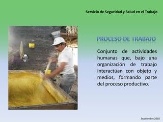 Proceso de trabajoConjunto de actividades humanas que, bajo una organización de trabajo interactúan con objeto y medios, formando parte del proceso productivo. 