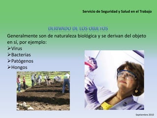 DERIVADO DE LOS OBJETOS Generalmente son de naturaleza biológica y se derivan del objeto en sí, por ejemplo:Virus 