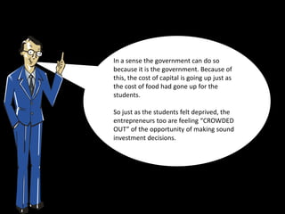 In a sense the government can do so
because it is the government. Because of
this, the cost of capital is going up just as
the cost of food had gone up for the
students.

So just as the students felt deprived, the
entrepreneurs too are feeling “CROWDED
OUT” of the opportunity of making sound
investment decisions.
 