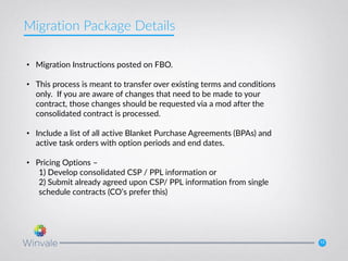 13
• Migration Instructions posted on FBO.
• This process is meant to transfer over existing terms and conditions
only. If you are aware of changes that need to be made to your
contract, those changes should be requested via a mod after the
consolidated contract is processed.
• Include a list of all active Blanket Purchase Agreements (BPAs) and
active task orders with option periods and end dates.
• Pricing Options –
1) Develop consolidated CSP / PPL information or
2) Submit already agreed upon CSP/ PPL information from single
schedule contracts (CO’s prefer this)
Migration Package Details
 