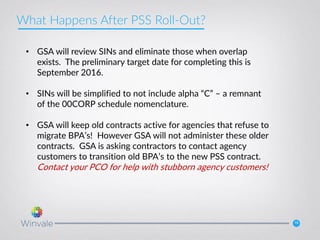 19
What Happens After PSS Roll-Out?
• GSA will review SINs and eliminate those when overlap
exists. The preliminary target date for completing this is
September 2016.
• SINs will be simplified to not include alpha “C” – a remnant
of the 00CORP schedule nomenclature.
• GSA will keep old contracts active for agencies that refuse to
migrate BPA’s! However GSA will not administer these older
contracts. GSA is asking contractors to contact agency
customers to transition old BPA’s to the new PSS contract.
Contact your PCO for help with stubborn agency customers!
 