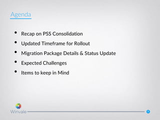 3
Agenda
• Recap on PSS Consolidation
• Updated Timeframe for Rollout
• Migration Package Details & Status Update
• Expected Challenges
• Items to keep in Mind
 