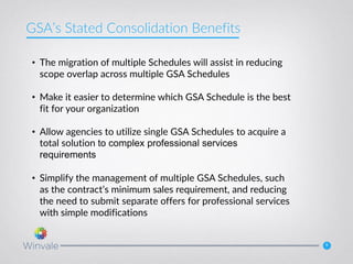 5
• The migration of multiple Schedules will assist in reducing
scope overlap across multiple GSA Schedules
• Make it easier to determine which GSA Schedule is the best
fit for your organization
• Allow agencies to utilize single GSA Schedules to acquire a
total solution to complex professional services
requirements
• Simplify the management of multiple GSA Schedules, such
as the contract’s minimum sales requirement, and reducing
the need to submit separate offers for professional services
with simple modifications
GSA’s Stated Consolidation Benefits
 