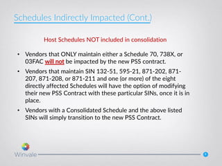 8
Host Schedules NOT included in consolidation
• Vendors that ONLY maintain either a Schedule 70, 738X, or
03FAC will not be impacted by the new PSS contract.
• Vendors that maintain SIN 132-51, 595-21, 871-202, 871-
207, 871-208, or 871-211 and one (or more) of the eight
directly affected Schedules will have the option of modifying
their new PSS Contract with these particular SINs, once it is in
place.
• Vendors with a Consolidated Schedule and the above listed
SINs will simply transition to the new PSS Contract.
Schedules Indirectly Impacted (Cont.)
 