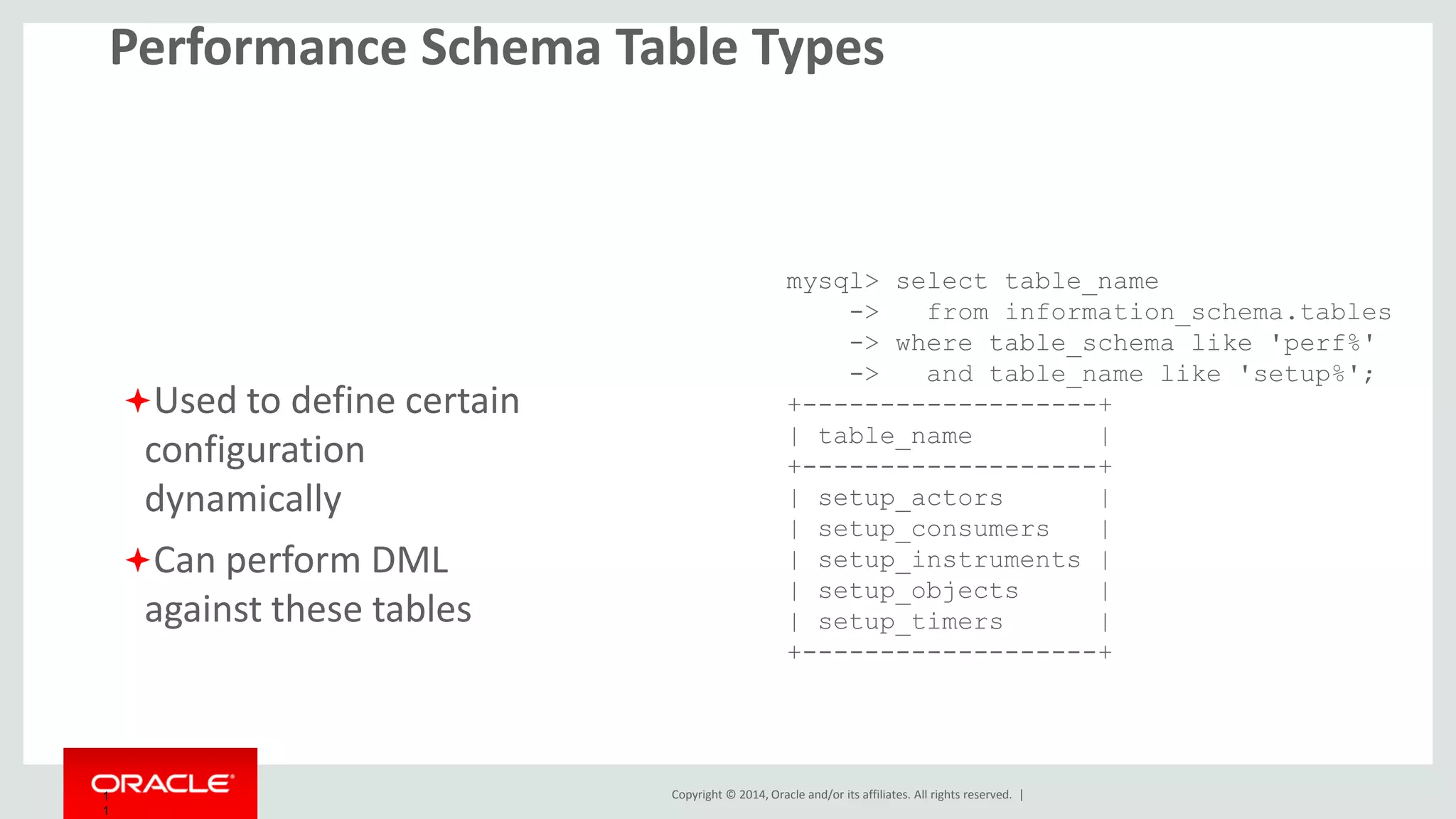 Copyright © 2014, Oracle and/or its affiliates. All rights reserved. |1
1
Performance Schema Table Types
Raw Data Tables
Expose events, objects, or
instances of instruments in a
raw manner
Allow seeing a (brief) history
of raw event metrics as well
+-------------------------------------------+
| table_name |
+-------------------------------------------+
| accounts |
| cond_instances |
| events_stages_current |
| events_stages_history |
| events_stages_history_long |
| events_statements_current |
| events_statements_history |
| events_statements_history_long |
| events_waits_current |
| events_waits_history |
| events_waits_history_long |
| file_instances |
| host_cache |
| hosts |
| mutex_instances |
| performance_timers |
| rwlock_instances |
| session_account_connect_attrs |
| session_connect_attrs |
| socket_instances |
| threads |
| users |
+-------------------------------------------+
 
