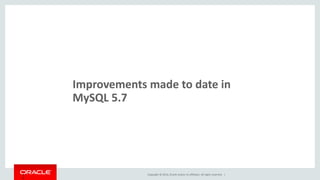 Copyright © 2014, Oracle and/or its affiliates. All rights reserved. |
Insert Picture Here
20
Memory Usage
Metadata Locking
Replication Configuration & Status
Prepared Statements
Transactions
Stored Programs
 
