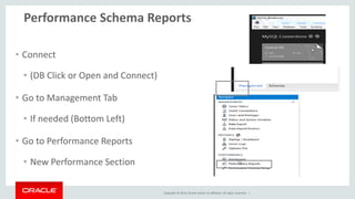 Copyright © 2014, Oracle and/or its affiliates. All rights reserved. |
New Screen – Performance Schema Setup
YES – its on
NO – its off
Advanced –
for power users
 
