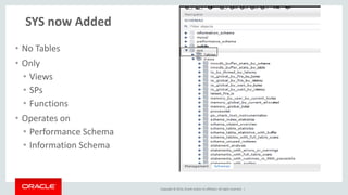 Copyright © 2014, Oracle and/or its affiliates. All rights reserved. |
sys.<table> versus sys.x$<table>
• Providing 2 options
• One is easy
• To read in a query
• Other (x$) is easier
• To compare
• To Export to spreadsheet
• To Graph
• To consume in code
 