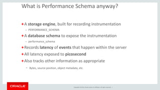 Copyright © 2014, Oracle and/or its affiliates. All rights reserved. |5
Performance Schema in MySQL 5.5
17 Tables
222 Instruments
Instrument Event Class
File IO wait/io/file/%
Mutexes wait/synch/mutex/%
Read/Write Locks wait/synch/rwlock/%
Conditions wait/synch/cond/%
 