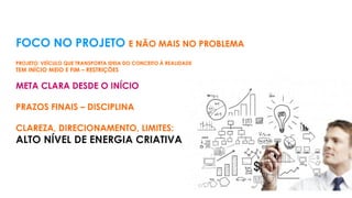 FOCO NO PROJETO E NÃO MAIS NO PROBLEMA
PROJETO: VEÍCULO QUE TRANSPORTA IDEIA DO CONCEITO À REALIDADE
TEM INÍCIO MEIO E FIM – RESTRIÇÕES
META CLARA DESDE O INÍCIO
PRAZOS FINAIS – DISCIPLINA
CLAREZA, DIRECIONAMENTO, LIMITES:
ALTO NÍVEL DE ENERGIA CRIATIVA
 