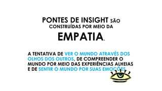 PONTES DE INSIGHT SÃO
CONSTRUÍDAS POR MEIO DA
EMPATIA.
A TENTATIVA DE VER O MUNDO ATRAVÉS DOS
OLHOS DOS OUTROS, DE COMPREENDER O
MUNDO POR MEIO DAS EXPERIÊNCIAS ALHEIAS
E DE SENTIR O MUNDO POR SUAS EMOÇÕES.
 