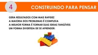 CONSTRUINDO PARA PENSAR4
GERA RESULTADOS COM MAIS RAPIDEZ
A MAIORIA DOS PROBLEMAS É COMPLEXA
A MELHOR FORMA É TORNAR SUAS IDEIAS TANGÍVEIS
UM FORMA DIVERTIDA DE SE APRENDER:
 