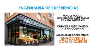 ENGENHARIA DE EXPERIÊNCIAS
WHOLE FOODS:
EXPERIÊNCIA COM ESTILO
DE VIDA SAUDÁVEL
CLIENTES PARTICIPANDO:
ATÉ NA COZINHA!
MARCAS DE EXPERIÊNCIA:
ENVOLVER-SE
COM O CLIENTE
 