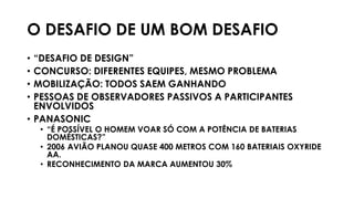 O DESAFIO DE UM BOM DESAFIO
• “DESAFIO DE DESIGN”
• CONCURSO: DIFERENTES EQUIPES, MESMO PROBLEMA
• MOBILIZAÇÃO: TODOS SAEM GANHANDO
• PESSOAS DE OBSERVADORES PASSIVOS A PARTICIPANTES
ENVOLVIDOS
• PANASONIC
• “É POSSÍVEL O HOMEM VOAR SÓ COM A POTÊNCIA DE BATERIAS
DOMÉSTICAS?”
• 2006 AVIÃO PLANOU QUASE 400 METROS COM 160 BATERIAIS OXYRIDE
AA.
• RECONHECIMENTO DA MARCA AUMENTOU 30%
 