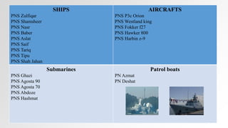 SHIPS
PNS Zulfiqar
PNS Shamsheer
PNS Nasr
PNS Baber
PNS Aslat
PNS Saif
PNS Tariq
PNS Tipu
PNS Shah Jahan
AIRCRAFTS
PNS P3c Orion
PNS Westland king
PNS Fokker f27
PNS Hawker 800
PNS Harbin z-9
Submarines
PNS Ghazi
PNS Agosta 90
PNS Agosta 70
PNS Abdoze
PNS Hashmat
Patrol boats
PN Azmat
PN Deshat
 