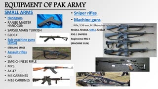 EQUIPMENT OF PAK ARMY
SMALL ARMS
• Handguns
• RANGE MASTER
HANDGUN
• SARSULMARG TURKISH
• GLOCK
• Sub-machine guns
(SMG)
• STERLING SMGS
• Assault rifles
• G3
• SMG CHINESE RIFLE
• MP5
• AK 47
• M4 CARBINES
• M16 CARBINES
• Sniper rifles
• Machine guns
….Rifle, 5.56 mm, M16From top to bottom:
M16A1, M16A2, M4A1, M16A4
PSG.1 SNIPERS
Regimental MG 3
(MACHINE GUN)
 