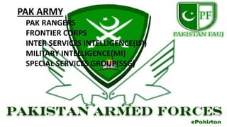 PAK ARMY
PAK RANGERS
FRONTIER CORPS
INTER SERVICES INTELLIGENCE(ISI)
MILITARY INTELLIGENCE(MI)
SPECIAL SERVICES GROUP(SSG)
 