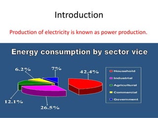 Introduction
Production of electricity is known as power production.
 