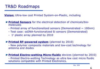 6
May 2009
TR&D Roadmaps
Vision: Ultra-low cost Printed System-on-Plastic, including
Printed Sensors for the electrical detection of chemicals/bio-
molecules
- Printed array of functionalized sensors (Demonstrated ~ 100nm)
- Test case: ssDNA-functionalized Si sensors (Demonstrated)
- 1st
plastic array planned by 2010
Printed RF-powered system (planned by 2010)
- New polymer composite materials and low-cost technology for
antenna and diodes
Printed Electro-wetting Micro-fluidic devices (planned by 2010)
- Printed Electro-wetting Technology as ultra low cost micro fluidic
solutions compatible with Printed Electronics.
 
