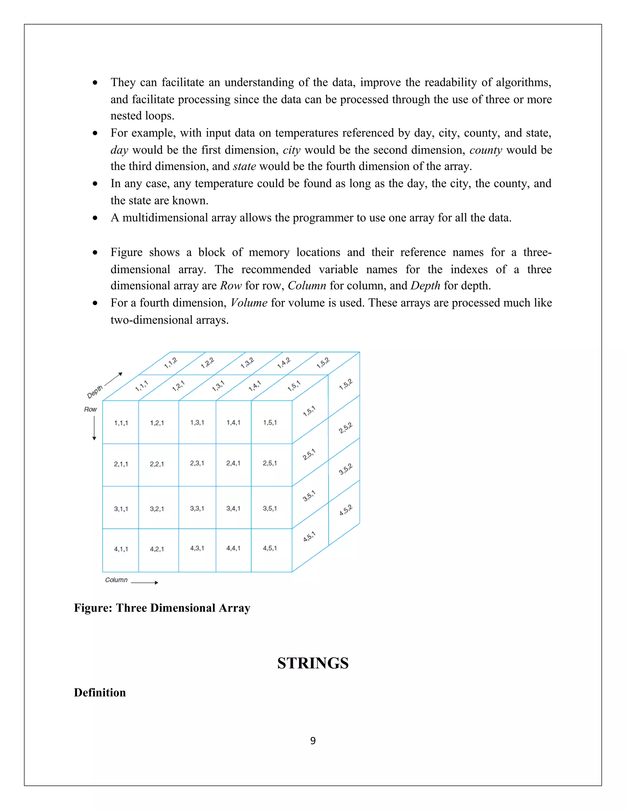 • They can facilitate an understanding of the data, improve the readability of algorithms, and facilitate processing since the data can be processed through the use of three or more nested loops. • For example, with input data on temperatures referenced by day, city, county, and state, day would be the first dimension, city would be the second dimension, county would be the third dimension, and state would be the fourth dimension of the array. • In any case, any temperature could be found as long as the day, the city, the county, and the state are known. • A multidimensional array allows the programmer to use one array for all the data. • Figure shows a block of memory locations and their reference names for a three- dimensional array. The recommended variable names for the indexes of a three dimensional array are Row for row, Column for column, and Depth for depth. • For a fourth dimension, Volume for volume is used. These arrays are processed much like two-dimensional arrays. Figure: Three Dimensional Array STRINGS Definition 9 