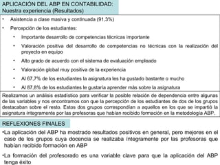 APLICACIÓN DEL ABP EN CONTABILIDAD: Nuestra experiencia (Resultados) Asistencia a clase masiva y continuada (91,3%) Percepción de los estudiantes: Importante desarrollo de competencias técnicas importante Valoración positiva del desarrollo de competencias no técnicas con la realización del proyecto en equipo Alto grado de acuerdo con el sistema de evaluación empleado Valoración global muy positiva de la experiencia Al 67,7% de los estudiantes la asignatura les ha gustado bastante o mucho Al 87,8% de los estudiantes le gustaría aprender más sobre la asignatura Realizamos un análisis estadístico para verificar la posible relación de dependencia entre algunas de las variables y nos encontramos con que la percepción de los estudiantes de dos de los grupos destacaban sobre el resto. Estos dos grupos correspondían a aquellos en los que se impartió la asignatura íntegramente por las profesoras que habían recibido formación en la metodología ABP. REFLEXIONES FINALES La aplicación del ABP ha mostrado resultados positivos en general, pero mejores en el caso de los grupos cuya docencia se realizaba íntegramente por las profesoras que habían recibido formación en ABP La formación del profesorado es una variable clave para que la aplicación del ABP tenga éxito 
