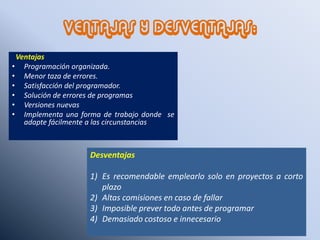 VENTAJAS Y DESVENTAJAS:
Ventajas
• Programación organizada.
• Menor taza de errores.
• Satisfacción del programador.
• Solución de errores de programas
• Versiones nuevas
• Implementa una forma de trabajo donde se
adapte fácilmente a las circunstancias
Desventajas
1) Es recomendable emplearlo solo en proyectos a corto
plazo
2) Altas comisiones en caso de fallar
3) Imposible prever todo antes de programar
4) Demasiado costoso e innecesario
 