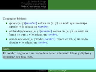 El Paquete PSTricks
Personalizaci´on de una grilla
Objetos gr´aﬁcos b´asicos
Nodos y conectores de nodos
Simulaci´on de gr´aﬁcos 3D
Comandos b´asicos:
pnode(x, y){nombre} coloca en (x, y) un nodo que no ocupa
espacio, y le asigna un nombre.
dotnode[opciones](x, y){nombre} coloca en (x, y) un nodo en
forma de punto y le asigna un nombre.
cnode[opciones](x, y)radio{nombre} coloca en (x, y) un nodo
circular y le asigna un nombre.
Nota
El nombre asignado a un nodo debe tener solamente letras y d´ıgitos y
comenzar con una letra.
J. Mechato Gr´aﬁcos con LATEX
 