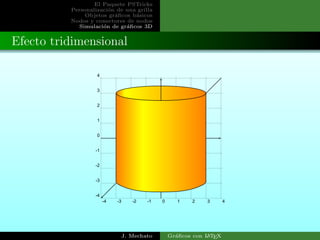 El Paquete PSTricks
Personalizaci´on de una grilla
Objetos gr´aﬁcos b´asicos
Nodos y conectores de nodos
Simulaci´on de gr´aﬁcos 3D
Efecto tridimensional
-4 -3 -2 -1 0 1 2 3 4
-4
-3
-2
-1
0
1
2
3
4
J. Mechato Gr´aﬁcos con LATEX
 