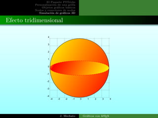 El Paquete PSTricks
Personalizaci´on de una grilla
Objetos gr´aﬁcos b´asicos
Nodos y conectores de nodos
Simulaci´on de gr´aﬁcos 3D
Efecto tridimensional
-4 -3 -2 -1 0 1 2 3 4
-4
-3
-2
-1
0
1
2
3
4
J. Mechato Gr´aﬁcos con LATEX
 