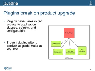 Plugins break on product upgrade Plugins have unrestricted access to application classes, objects, and configuration Broken plugins after a product upgrade make us look bad 