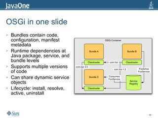 OSGi in one slide Bundles contain code, configuration, manifest metadata Runtime dependencies at Java package, service, and bundle levels Supports multiple versions of code Can share dynamic service objects Lifecycle: install, resolve, active, uninstall 