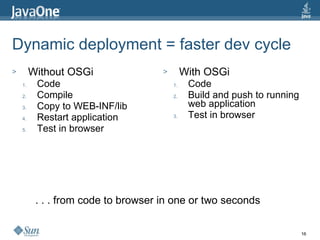 Dynamic deployment = faster dev cycle Without OSGi Code Compile Copy to WEB-INF/lib Restart application Test in browser With OSGi Code Build and push to running web application Test in browser . . . from code to browser in one or two seconds  