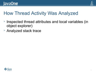 17
How Thread Activity Was Analyzed
> Inspected thread attributes and local variables (in
object explorer)
> Analyzed stack trace
 