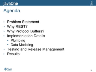 Agenda Problem Statement Why REST? Why Protocol Buffers? Implementation Details Plumbing Data Modeling Testing and Release Management Results 