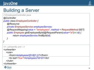 Building a Server // EmployeeController.java @Controller public  class  EmployeeController  { @Resource private  EmployeeService  employeeService ; @RequestMapping( value  =  &quot;/employees&quot; ,  method  =  RequestMethod .GET) public  Employee  getEmployeeById(@RequestParam( value = &quot;id&quot; ) int  id ) { return  employeeService .findById( id ); } } <!– urlrewrite.xml --> <urlrewrite> <rule> <from> /employees/([0-9]{1,})? </from> <to last= &quot;true&quot; > /employees?id=$1 </to> </rule> </urlrewrite> 