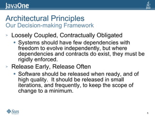 Architectural Principles Our Decision-making Framework Loosely Coupled, Contractually Obligated Systems should have few dependencies with freedom to evolve independently, but where dependencies and contracts do exist, they must be rigidly enforced. Release Early, Release Often Software should be released when ready, and of high quality.  It should be released in small iterations, and frequently, to keep the scope of change to a minimum. 